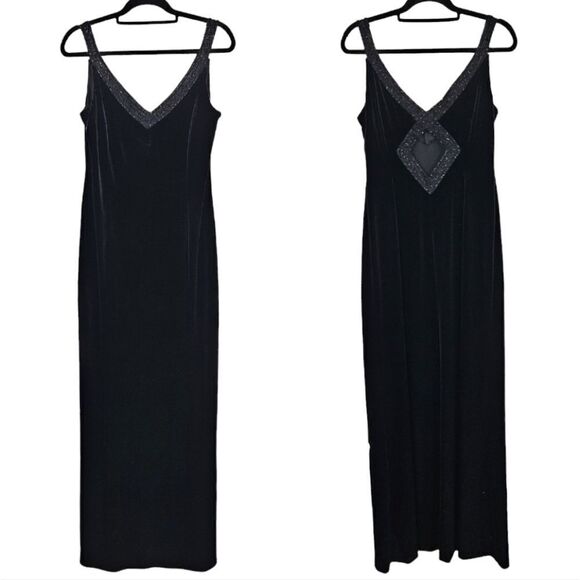 Vintage Alex Evenings '80s Black Velvet Beaded Full Length V Neck Gown Dress 12 - Picture 1 of 12
